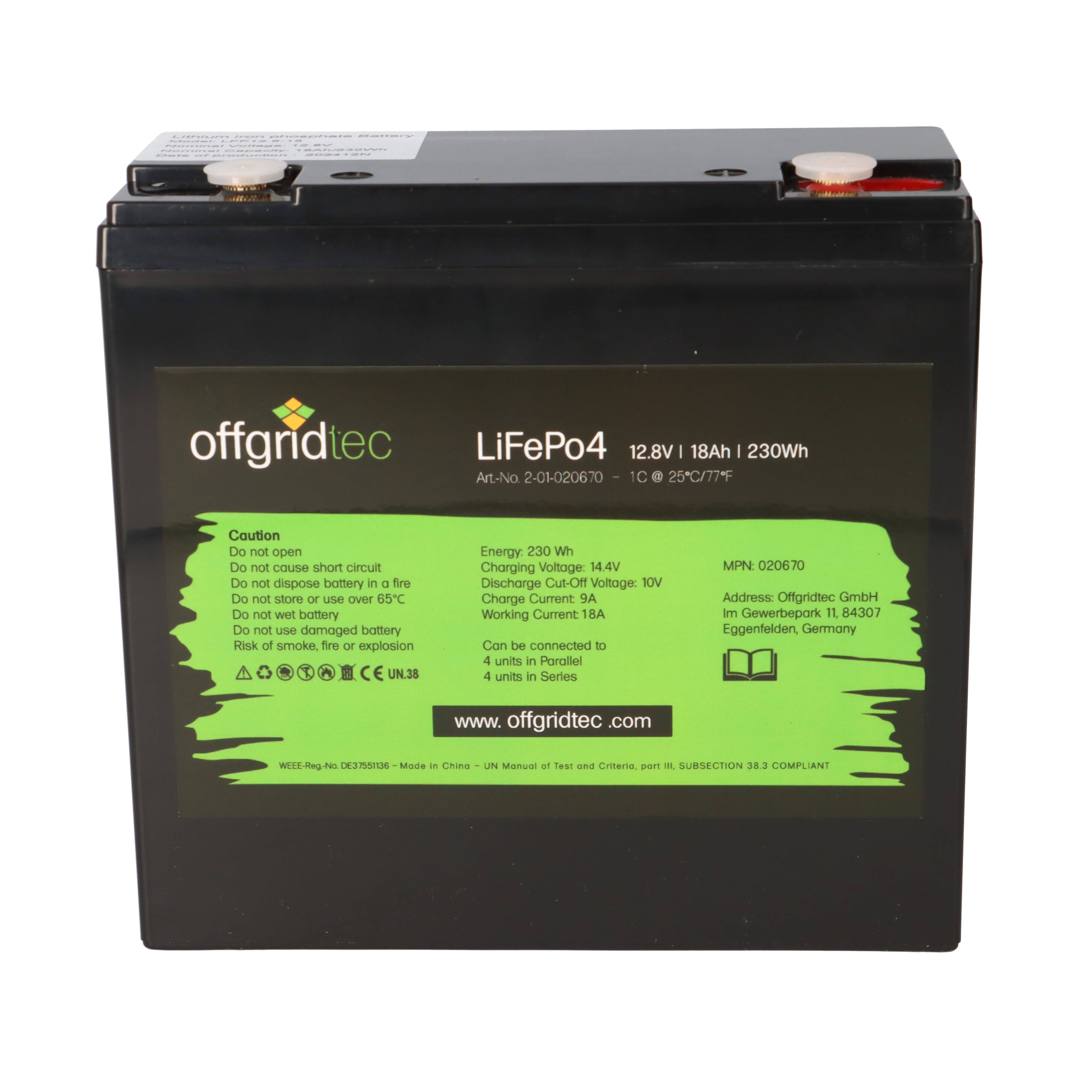 Offgridtec LifePo4 Akku 12/18 12,8V 18Ah 224Wh mit 0% MwSt nach §12 Abs. 3 UstG