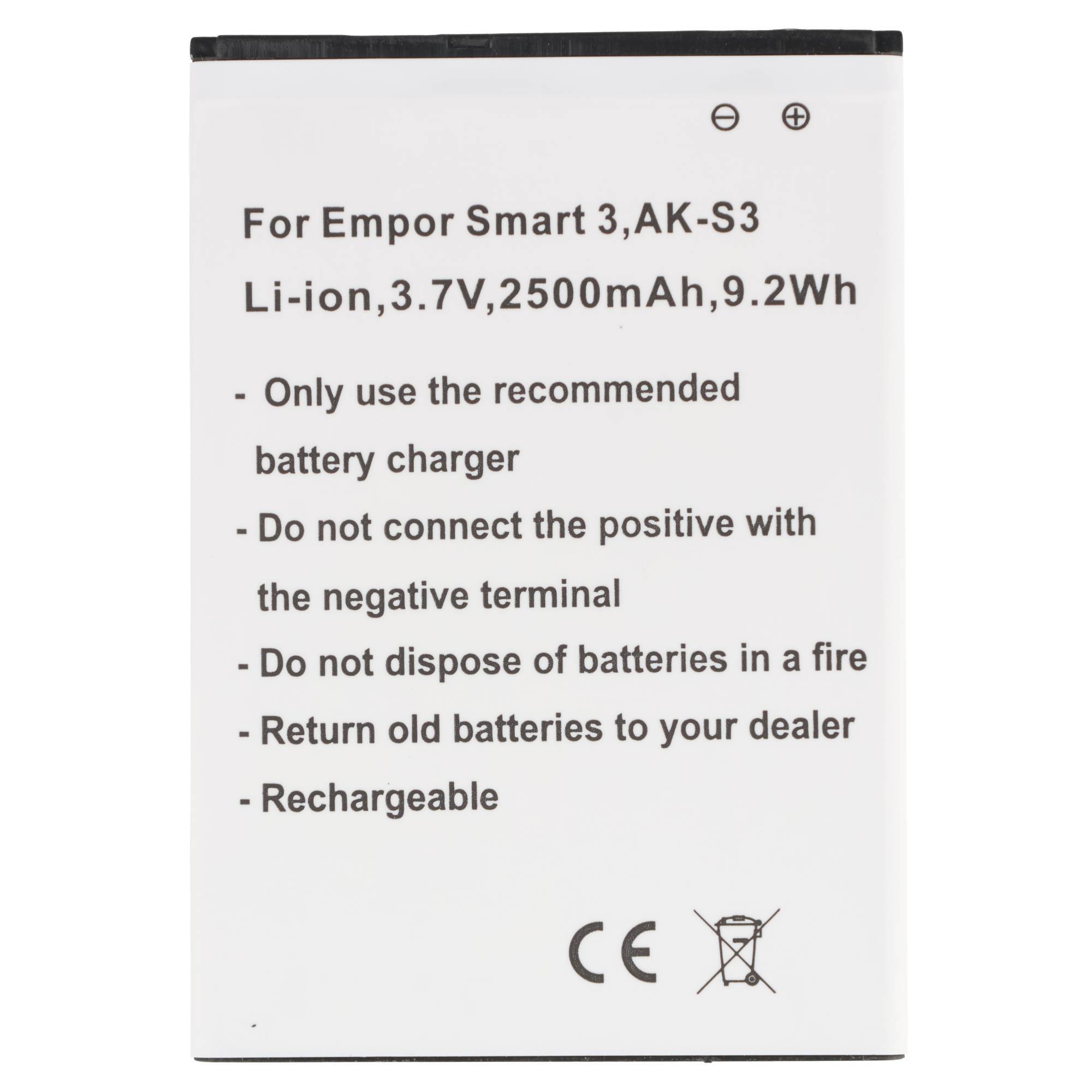Etikett auf Li-Ionen-Batterie für Empor Smart 3/AK-S3: 3,7V, 2500mAh, 9,2Wh, mit Ladegerät, Entsorgung und Sicherheitswarnungen.