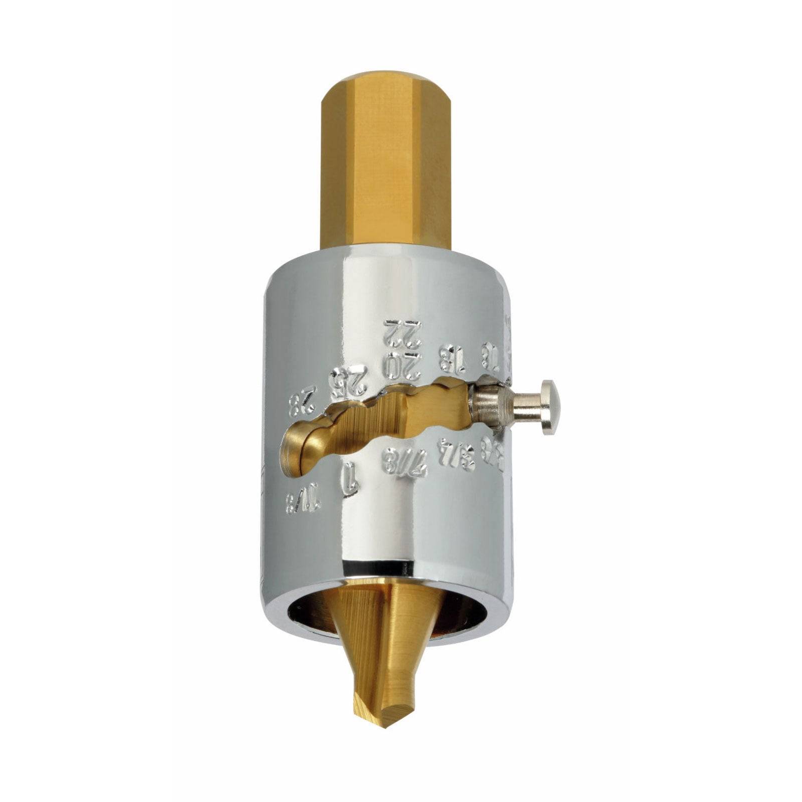 Ein mechanisches Werkzeug mit Messing- und Silberfinish, das eine sechseckige Oberseite und eine spitze Spitze aufweist und zur Einstellung von Tiefeneinstellungen verwendet wird.