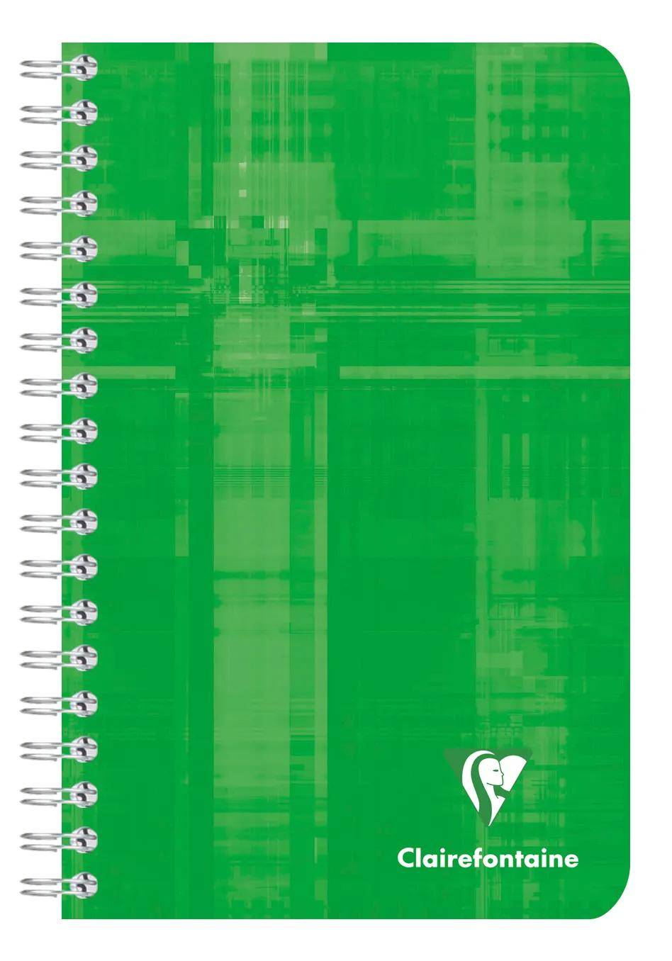 Grünes Clairefontaine-Notizbuch mit Spiralbindung, strukturiertem Einband und weißem Logo am unteren Rand.