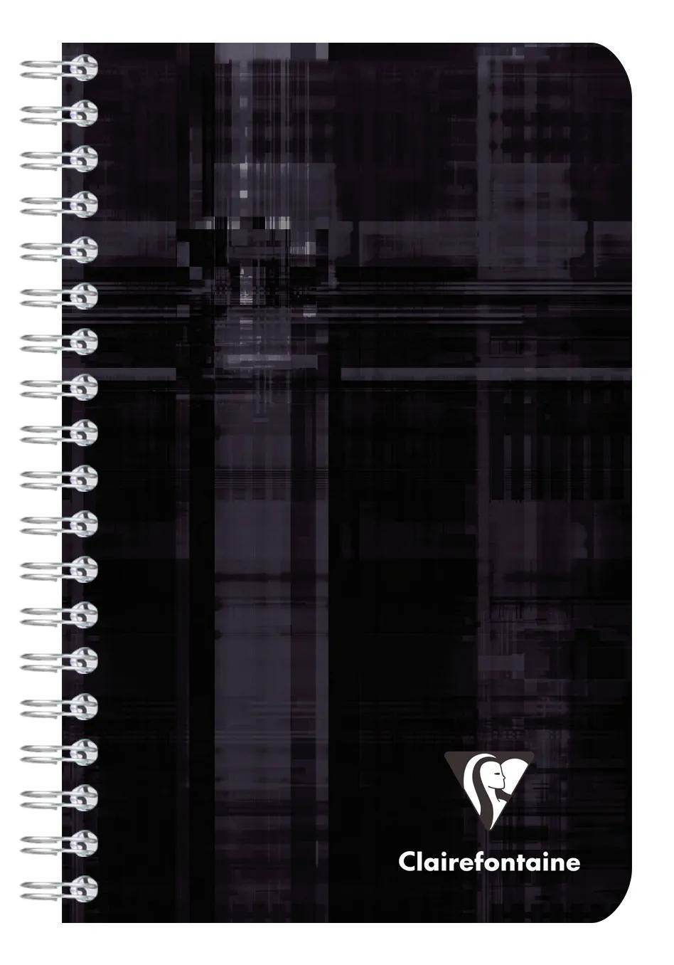 Schwarzes spiralgebundenes Clairefontaine-Notizbuch mit dunkelabstraktem Karomuster auf dem Umschlag und weißem Logo am unteren Rand.