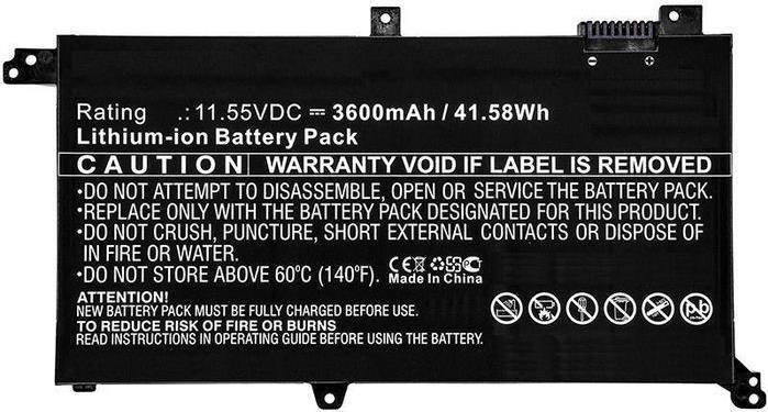 11,55VDC, 3600mAh, 41,58Wh Batterie-Etikett mit Warnung: Nicht auseinandernehmen, kurzschließen, durchstechen oder Wasser aussetzen. Hergestellt in China.