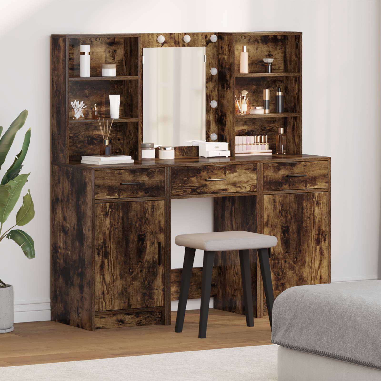vidaXL 3-tlg. Schminktisch-Set Räuchereiche Holzwerkstoff