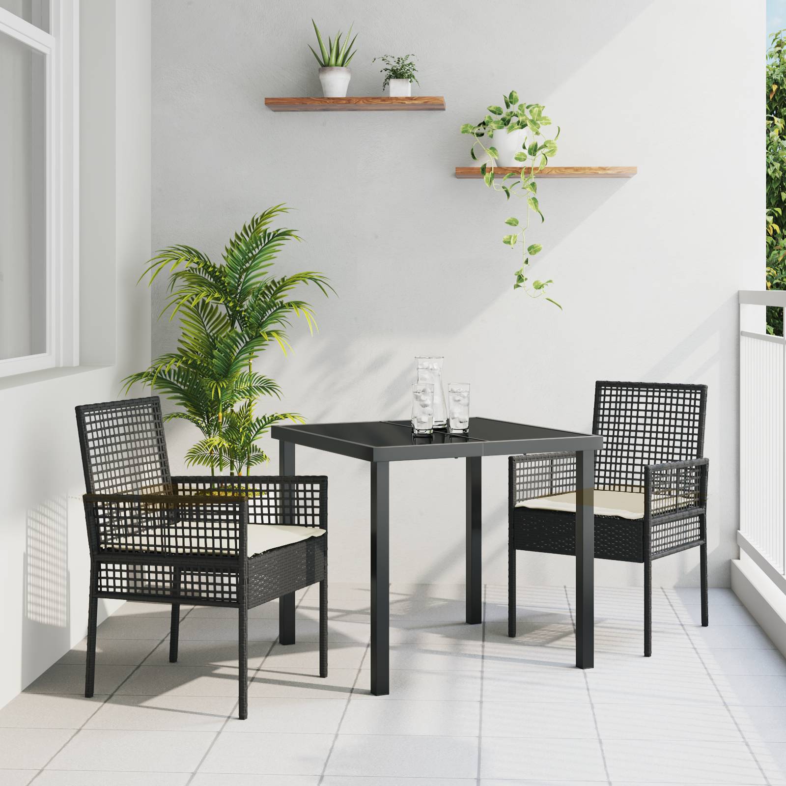 vidaXL Gartenstühle 2 Stk. mit Kissen Schwarz Poly Rattan