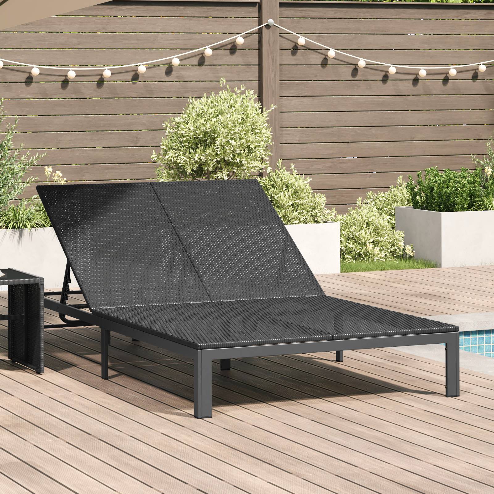 vidaXL Doppel-Sonnenliege mit Kissen und Rädern Schwarz Poly Rattan
