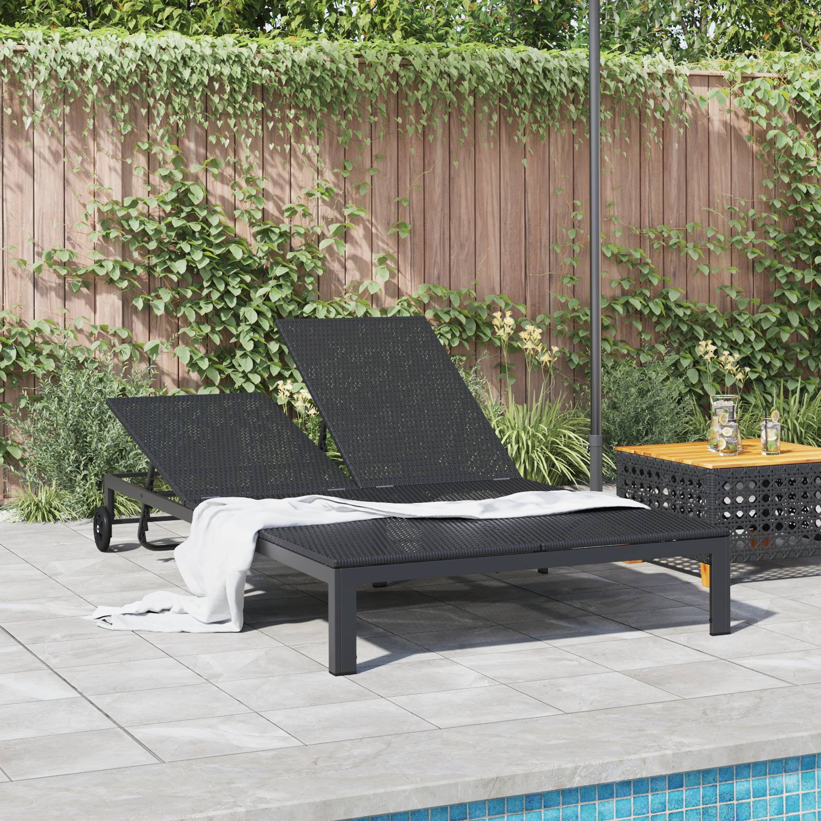 vidaXL Doppel-Sonnenliege mit Kissen und Rädern Schwarz Poly Rattan