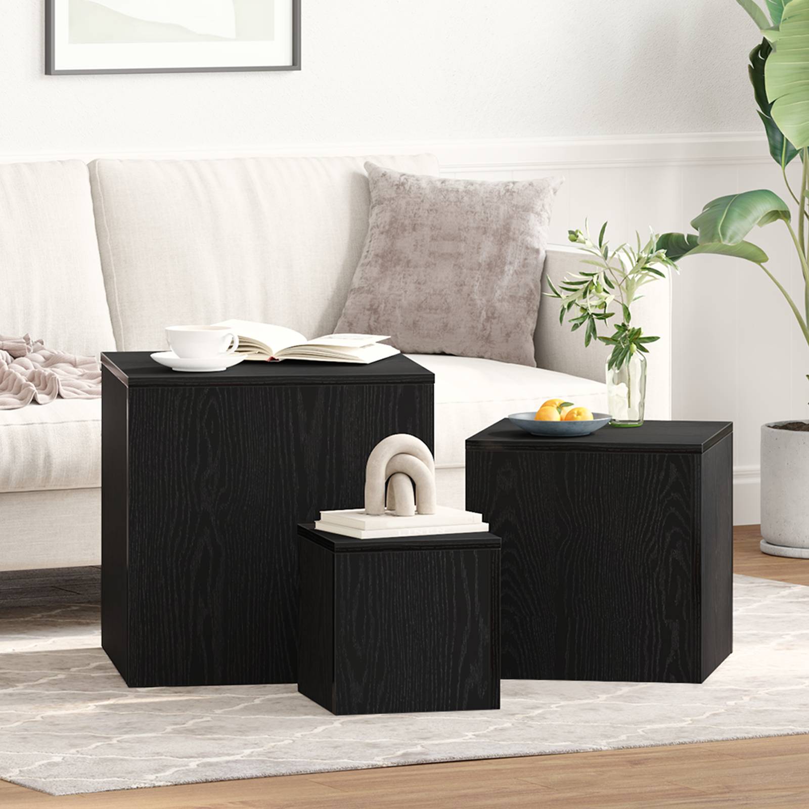 vidaXL 3-tlg- Beistelltisch-Set Stapelbar Schwarz Eiche Holzwerkstoff
