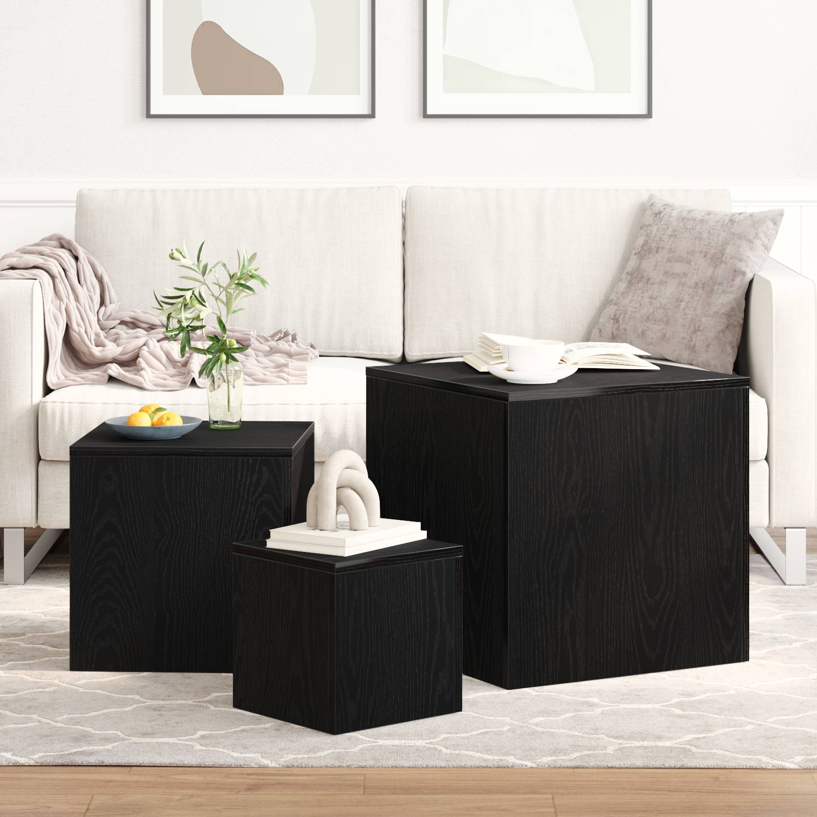 vidaXL 3-tlg- Beistelltisch-Set Stapelbar Schwarz Eiche Holzwerkstoff