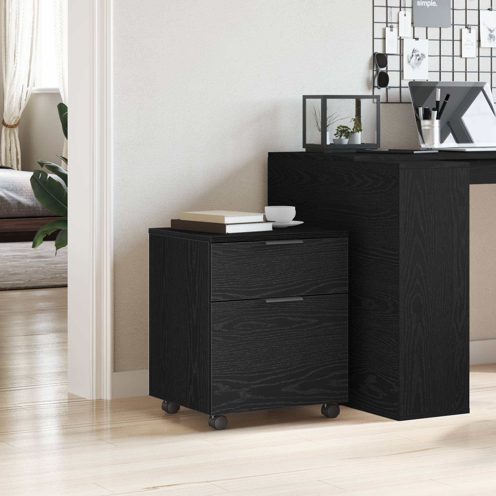 vidaXL Aktenschrank mit Rollen Schwarz Eiche 45x38x54 cm