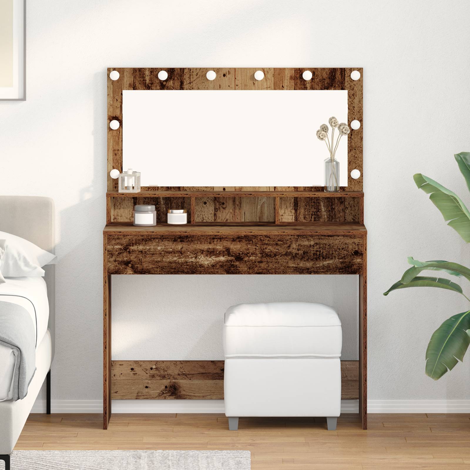 vidaXL Schminktisch mit LED-Leuchten Altholz 100x41x135 cm
