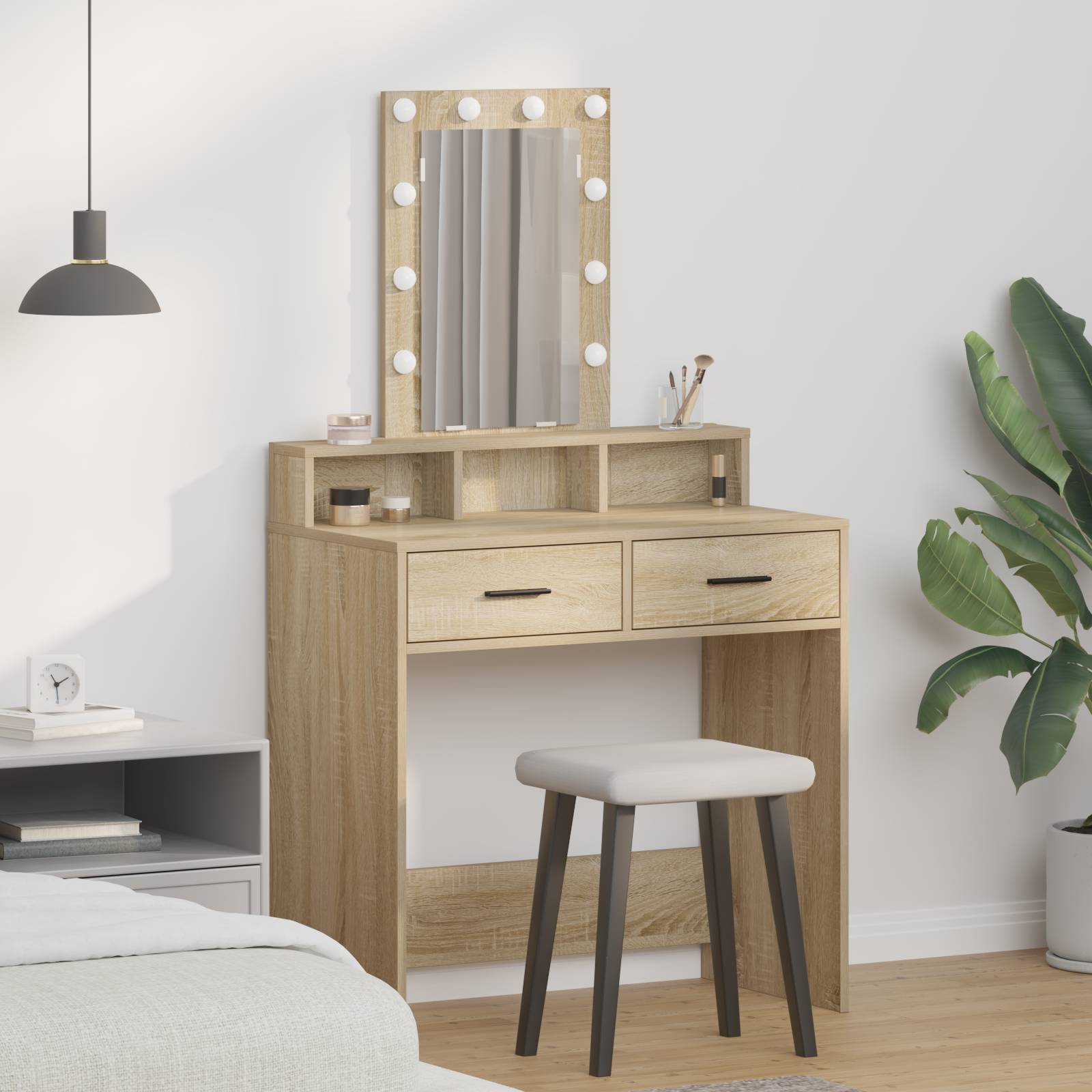 vidaXL Schminktisch mit LED-Leuchten Sonoma Eiche 79x41x140 cm