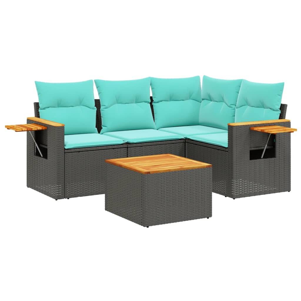 vidaXL 5-tlg. Garten-Sofagarnitur mit Kissen Schwarz Poly Rattan