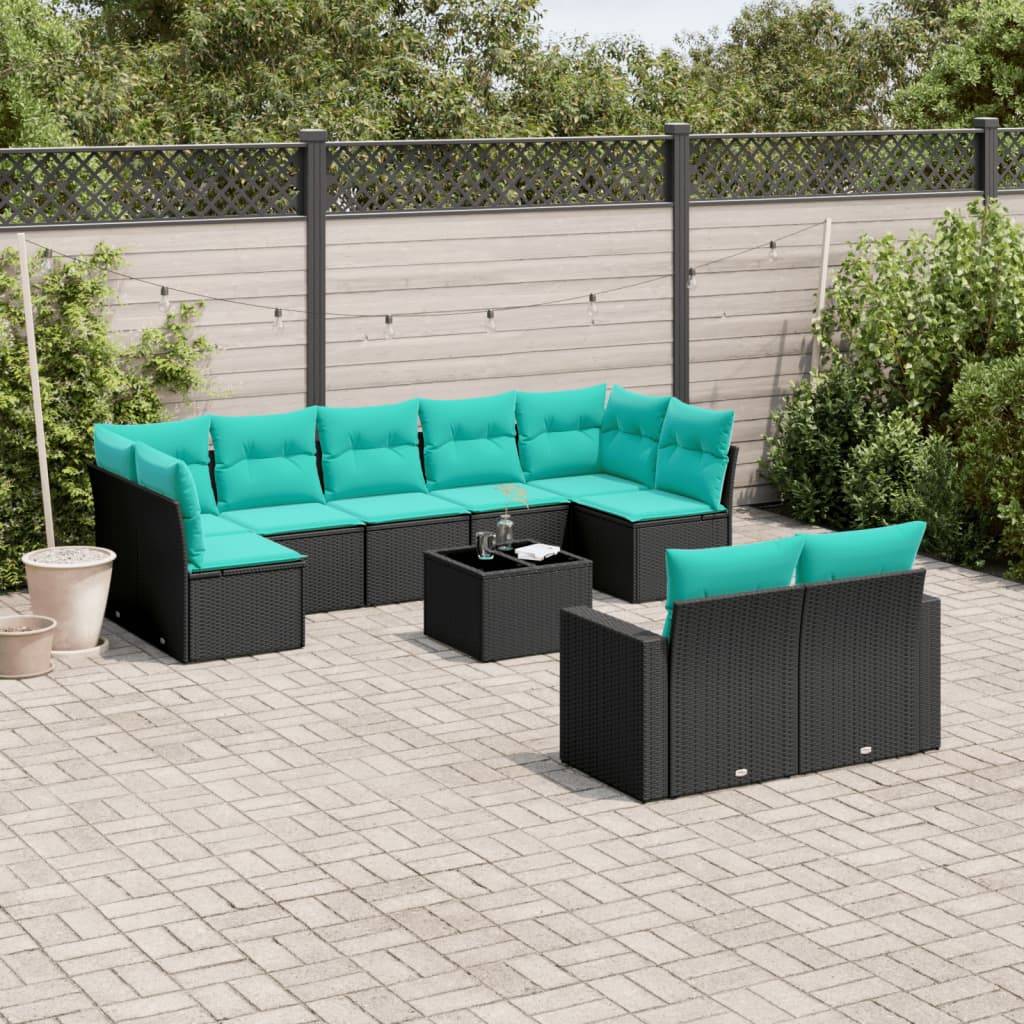 vidaXL 10-tlg. Garten-Sofagarnitur mit Kissen Schwarz Poly Rattan