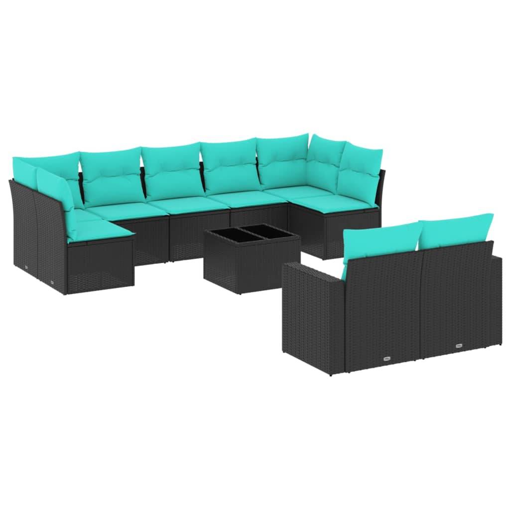 vidaXL 10-tlg. Garten-Sofagarnitur mit Kissen Schwarz Poly Rattan