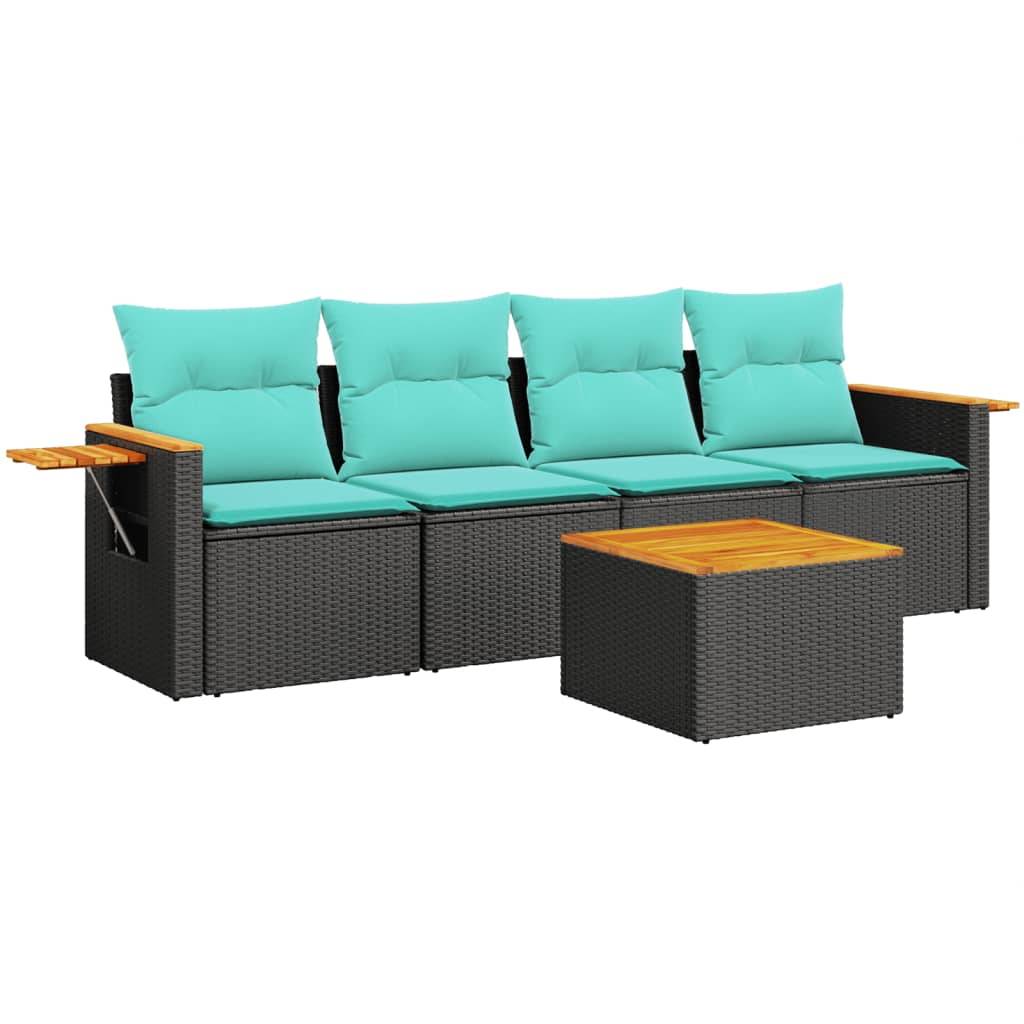 vidaXL 5-tlg. Garten-Sofagarnitur mit Kissen Schwarz Poly Rattan
