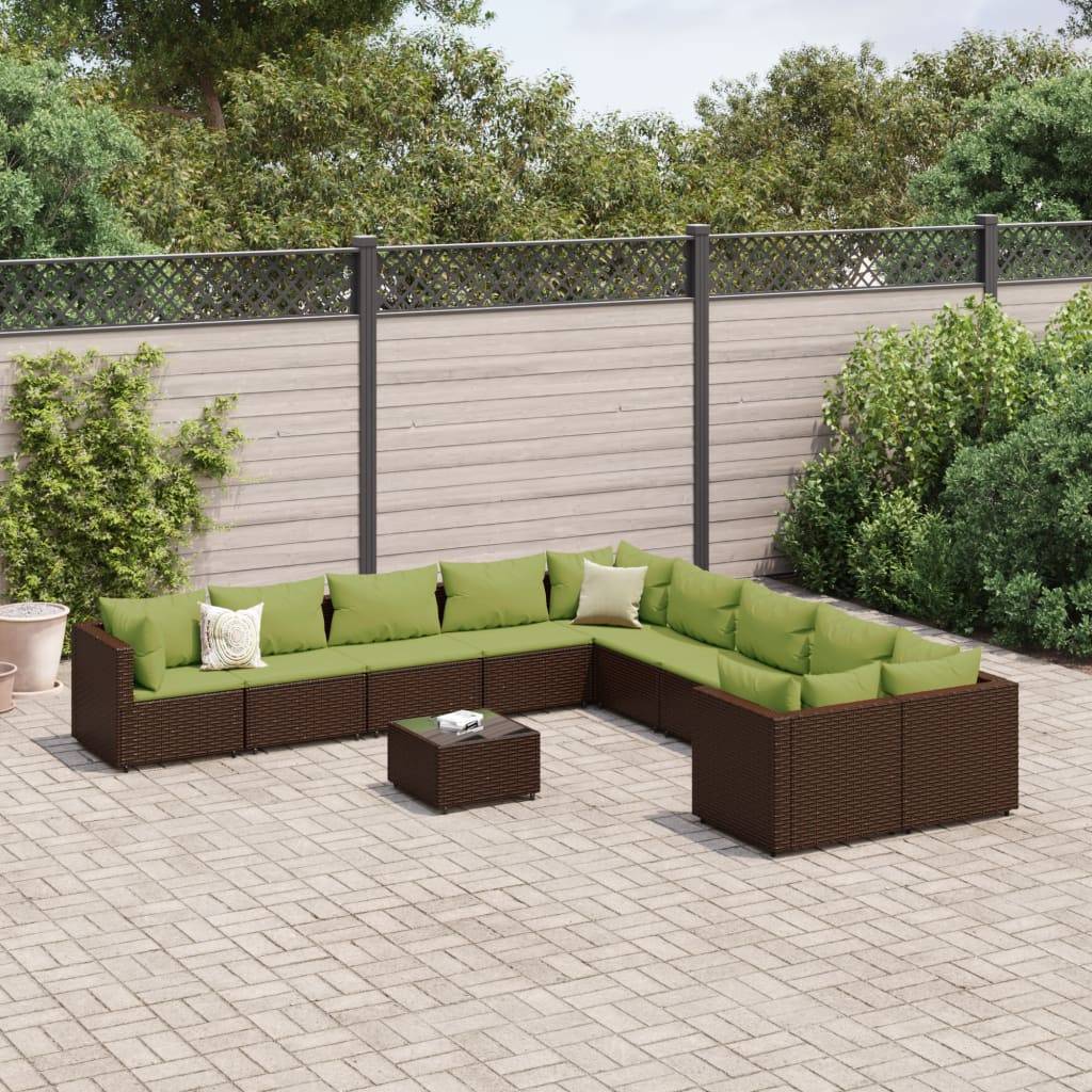 vidaXL 11-tlg. Garten-Sofagarnitur mit Kissen Braun Poly Rattan