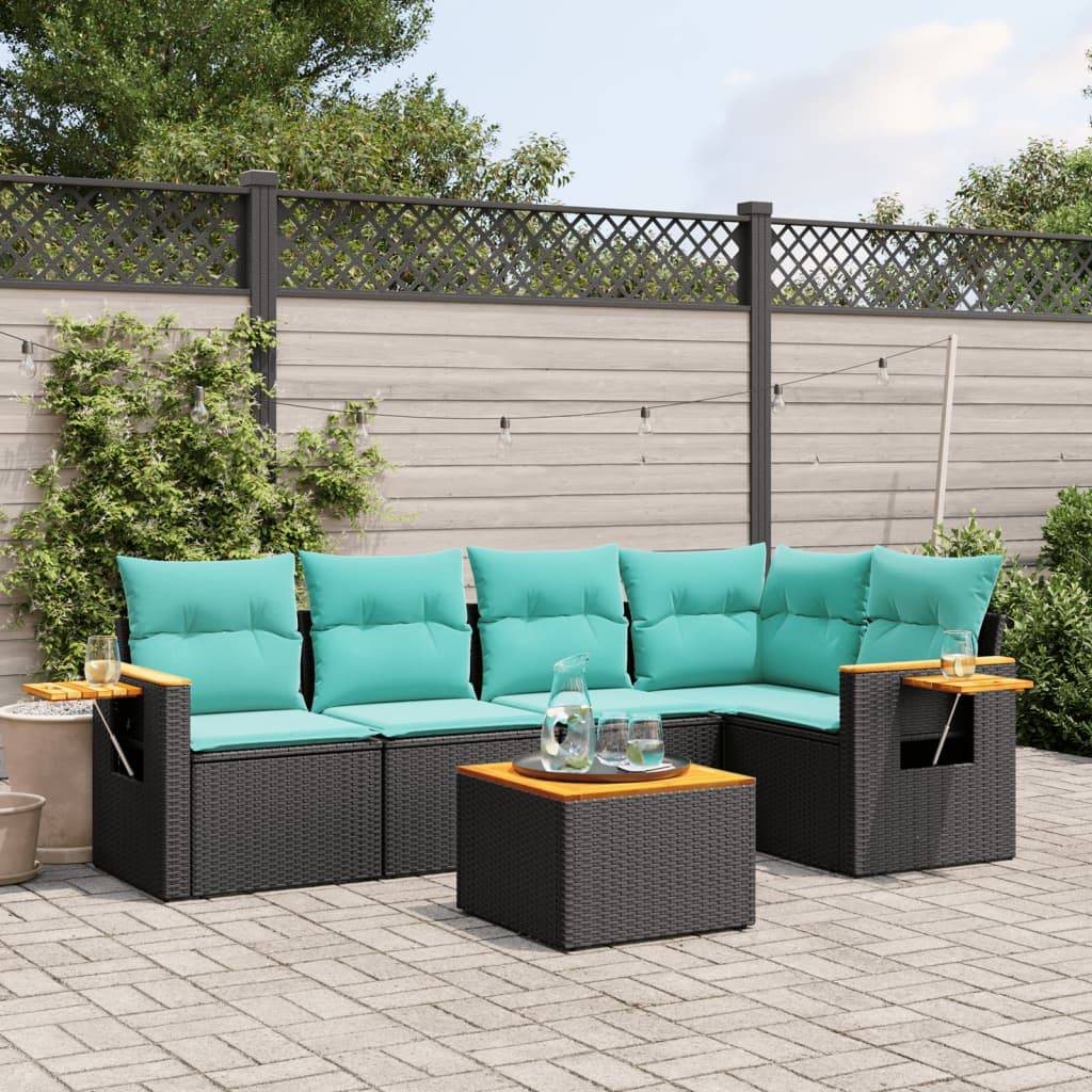 vidaXL 6-tlg. Garten-Sofagarnitur mit Kissen Schwarz Poly Rattan