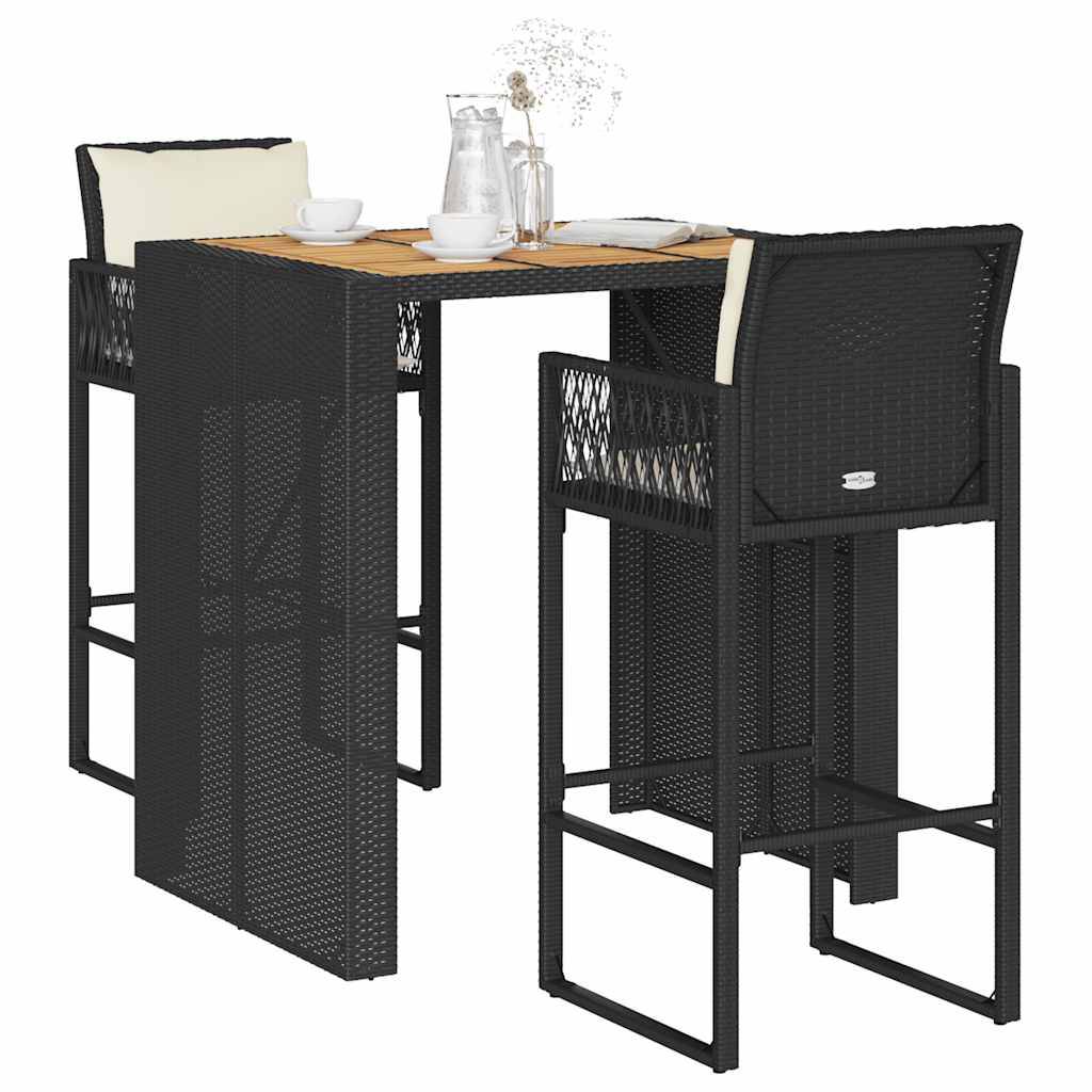 vidaXL 3-tlg. Gartenbar-Set mit Kissen Schwarz Poly Rattan Akazie
