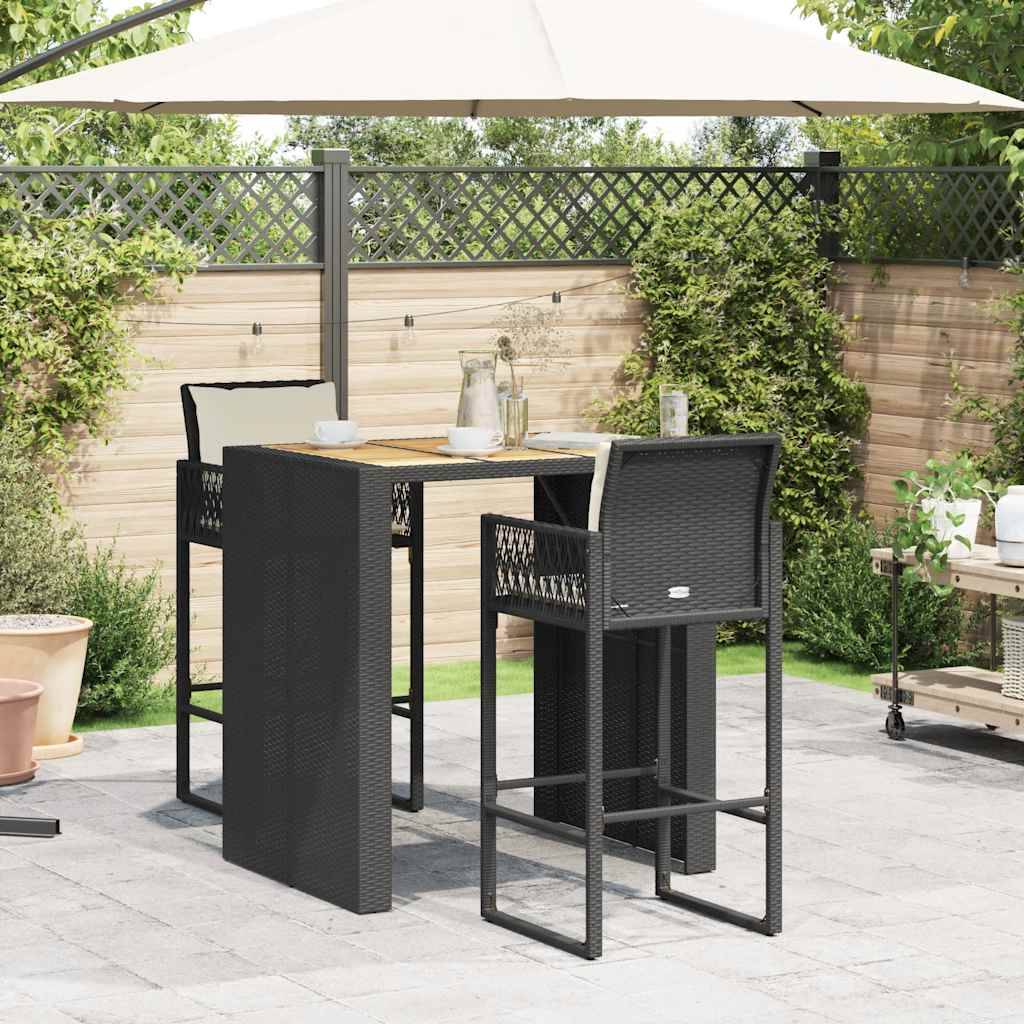 vidaXL 3-tlg. Gartenbar-Set mit Kissen Schwarz Poly Rattan Akazie