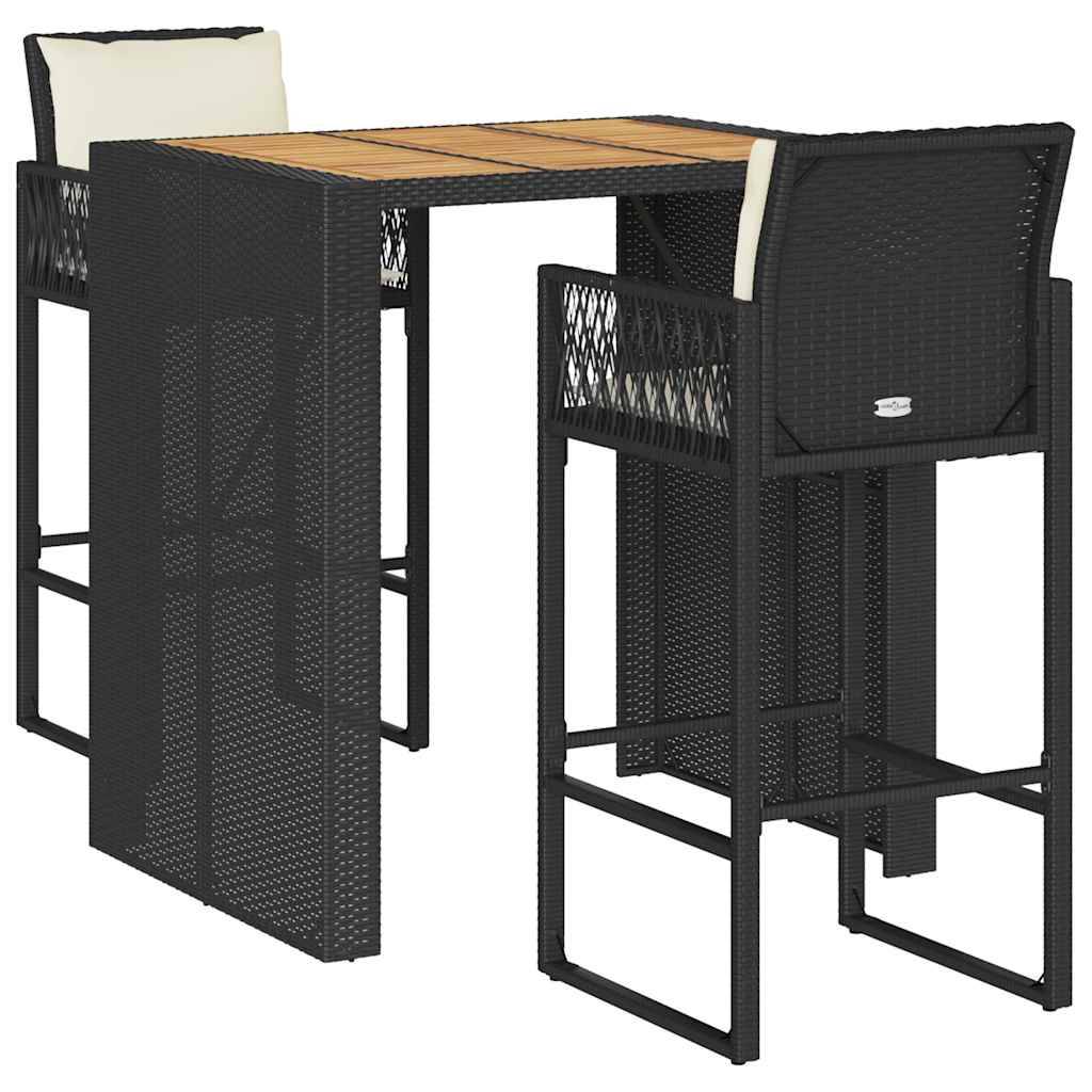 vidaXL 3-tlg. Gartenbar-Set mit Kissen Schwarz Poly Rattan Akazie