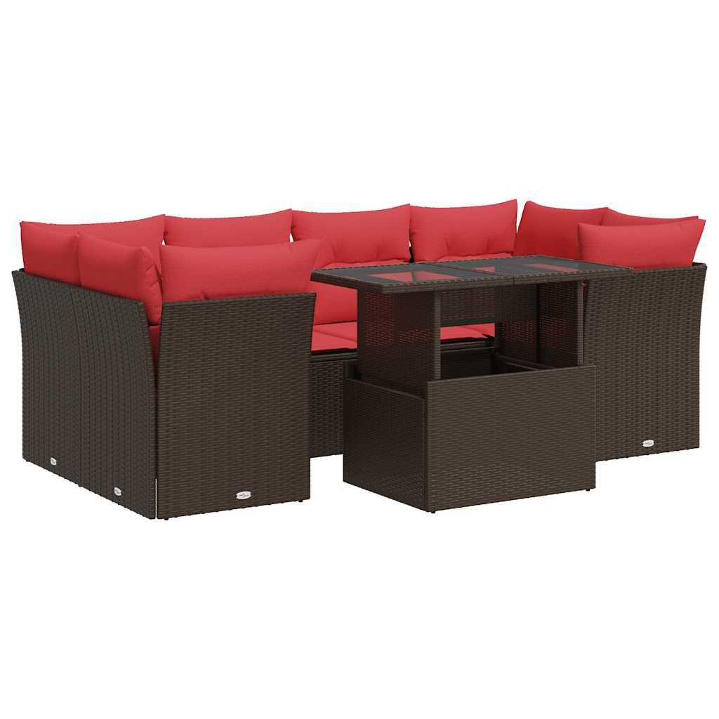 vidaXL 7-tlg. Garten-Sofagarnitur mit Kissen Braun Poly Rattan Akazie