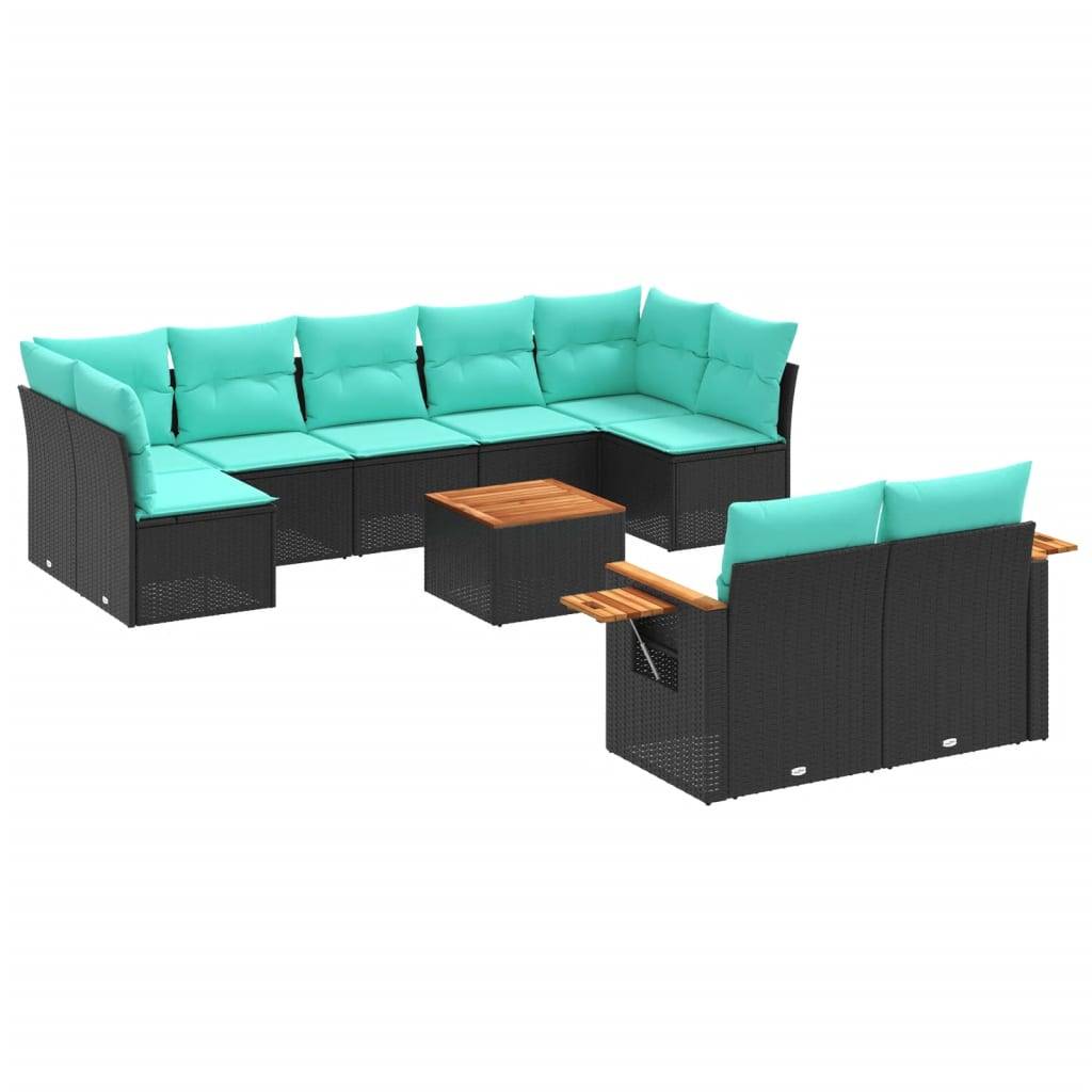 vidaXL 10-tlg. Garten-Sofagarnitur mit Kissen Schwarz Poly Rattan
