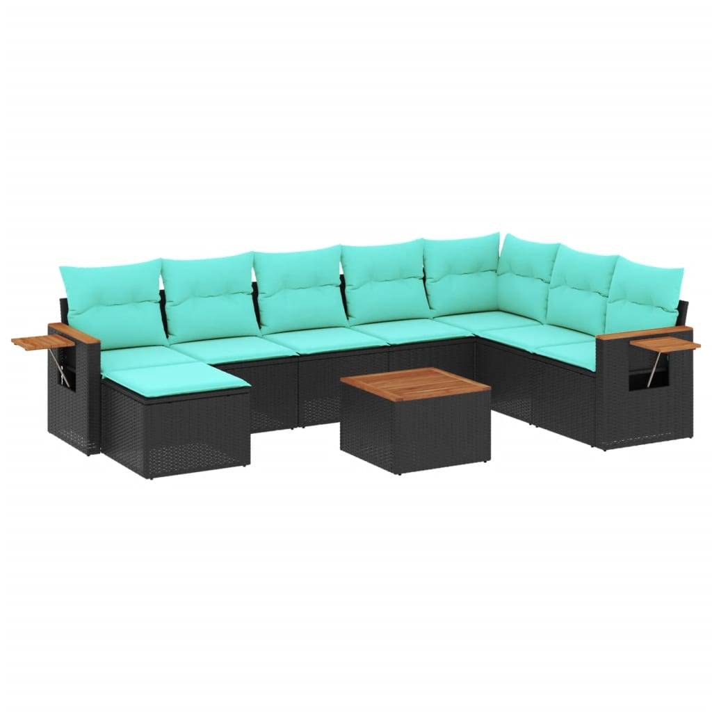 vidaXL 9-tlg. Garten-Sofagarnitur mit Kissen Schwarz Poly Rattan