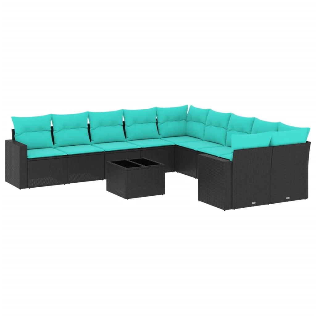 vidaXL 11-tlg. Garten-Sofagarnitur mit Kissen Schwarz Poly Rattan
