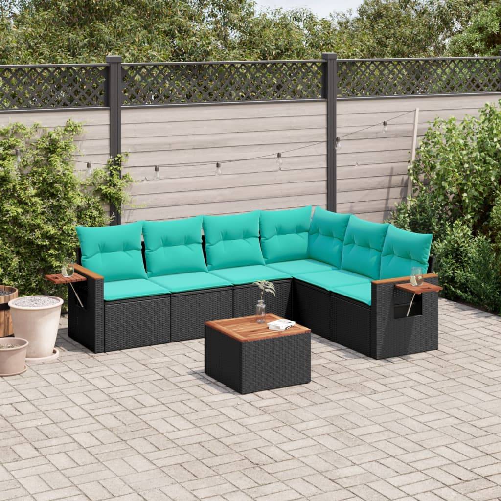 vidaXL 7-tlg. Garten-Sofagarnitur mit Kissen Schwarz Poly Rattan