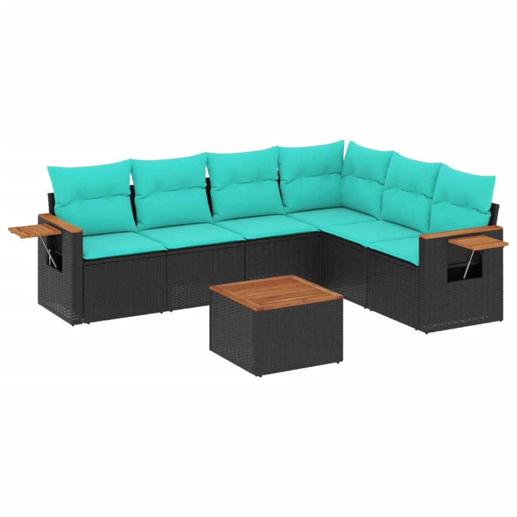 vidaXL 7-tlg. Garten-Sofagarnitur mit Kissen Schwarz Poly Rattan
