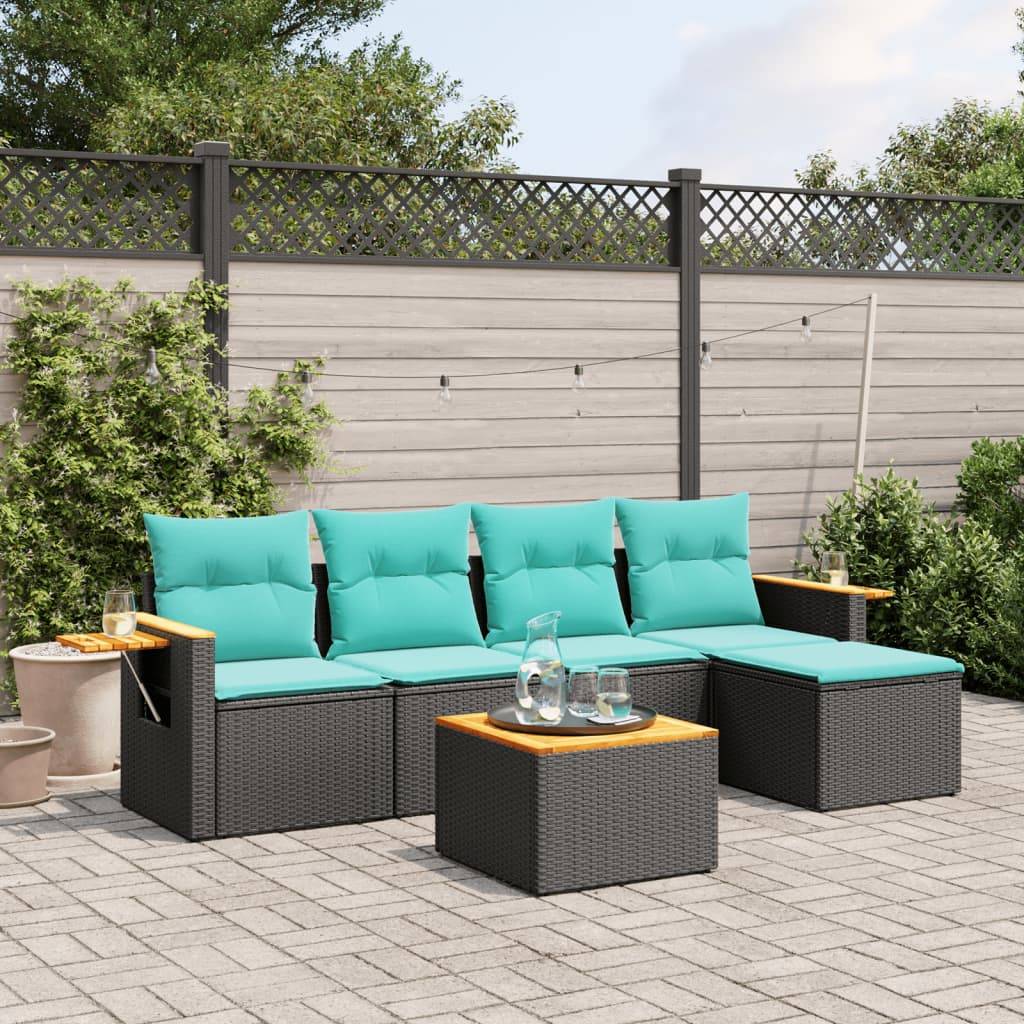 vidaXL 6-tlg. Garten-Sofagarnitur mit Kissen Schwarz Poly Rattan