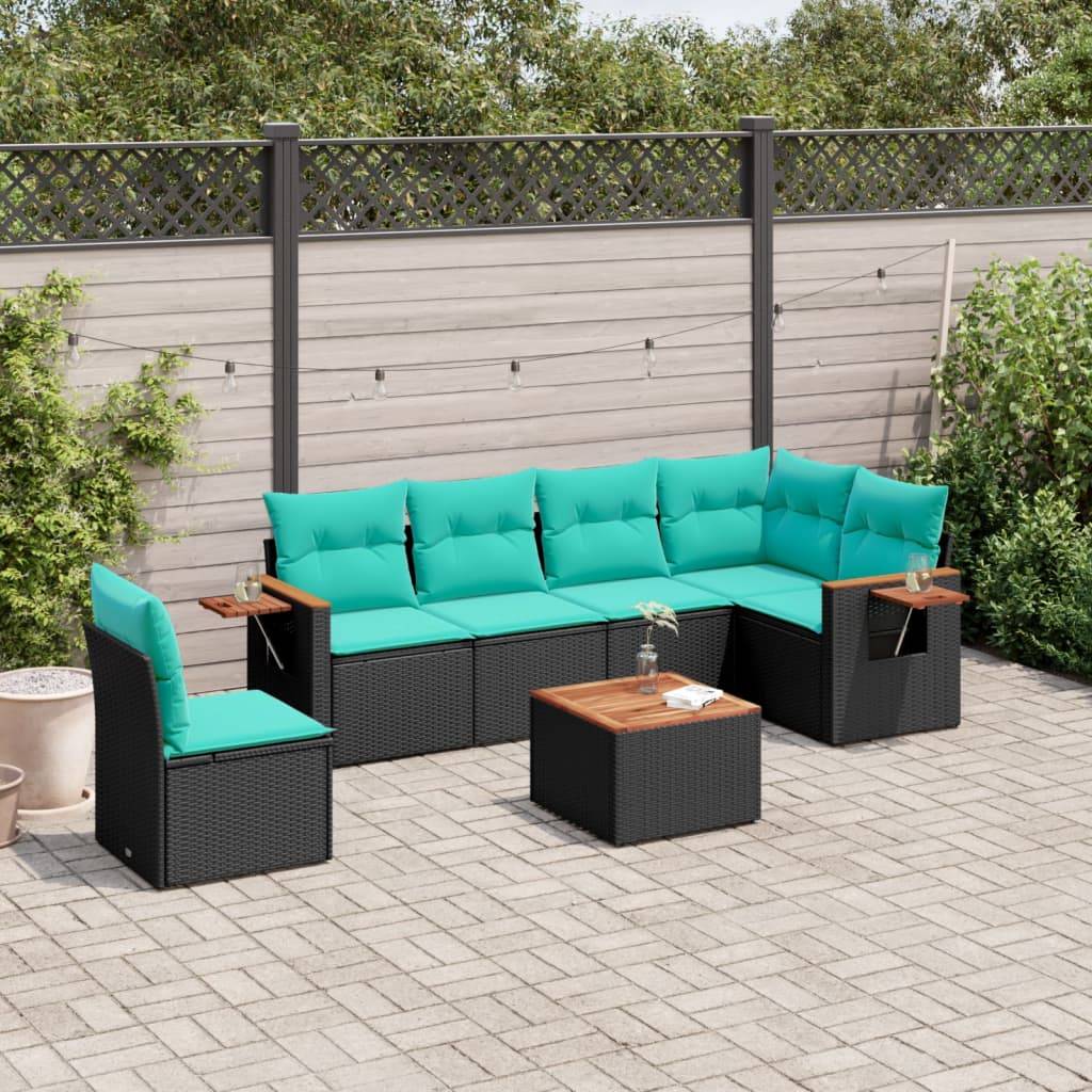 vidaXL 7-tlg. Garten-Sofagarnitur mit Kissen Schwarz Poly Rattan