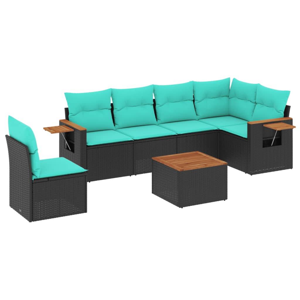 vidaXL 7-tlg. Garten-Sofagarnitur mit Kissen Schwarz Poly Rattan