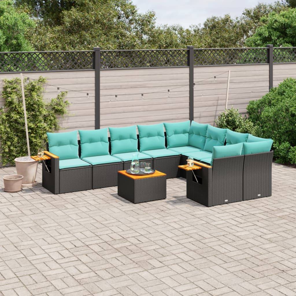 vidaXL 10-tlg. Garten-Sofagarnitur mit Kissen Schwarz Poly Rattan