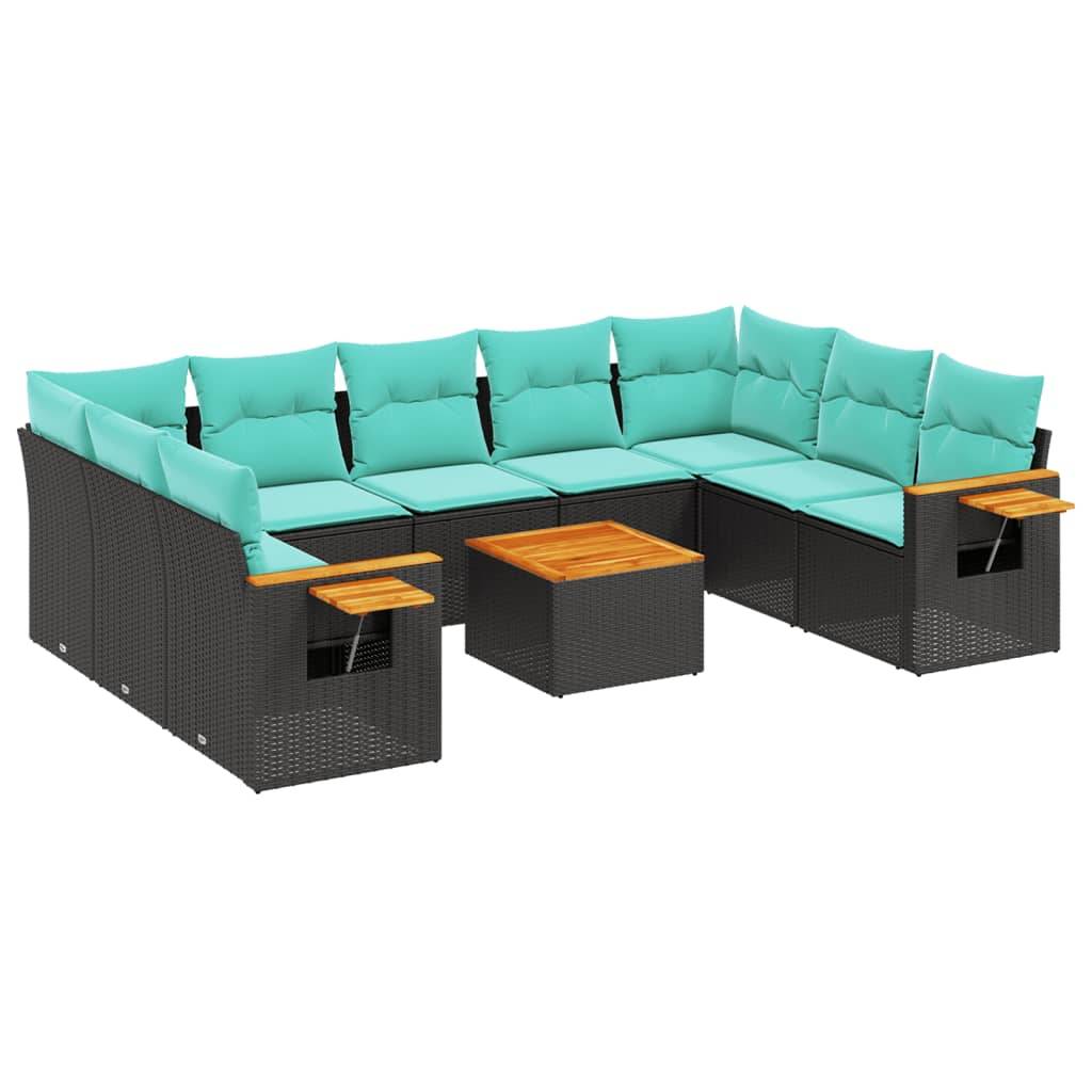 vidaXL 10-tlg. Garten-Sofagarnitur mit Kissen Schwarz Poly Rattan