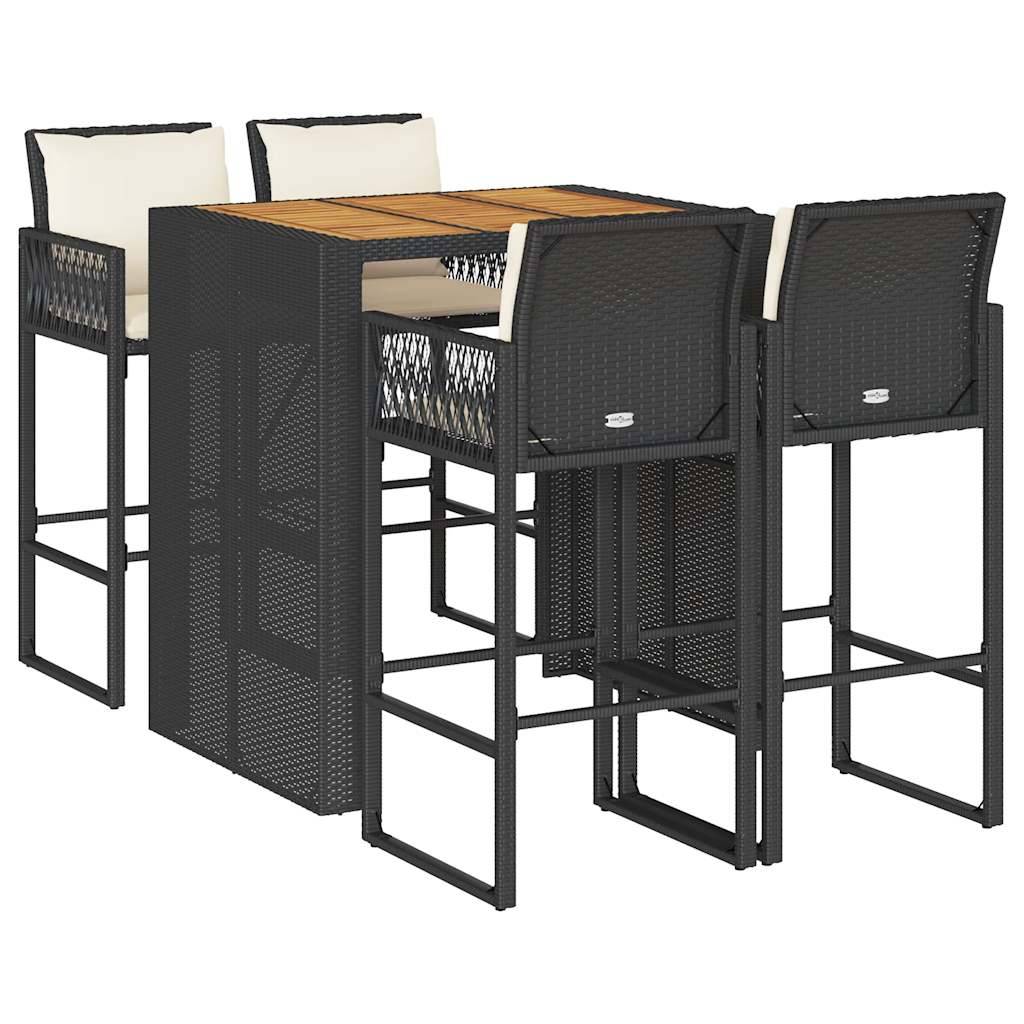 vidaXL 5-tlg. Gartenbar-Set mit Kissen Schwarz Poly Rattan Akazie
