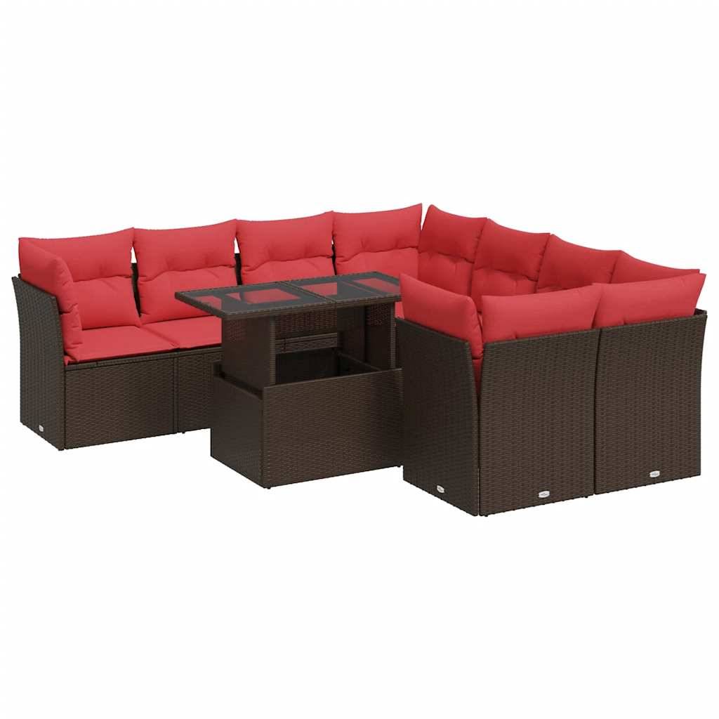 vidaXL 9-tlg. Garten-Sofagarnitur mit Kissen Braun Poly Rattan Akazie