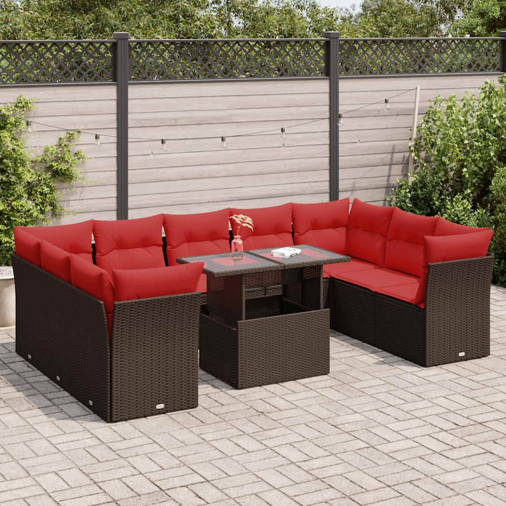 vidaXL 10-tlg. Garten-Sofagarnitur mit Kissen Braun Poly Rattan Akazie