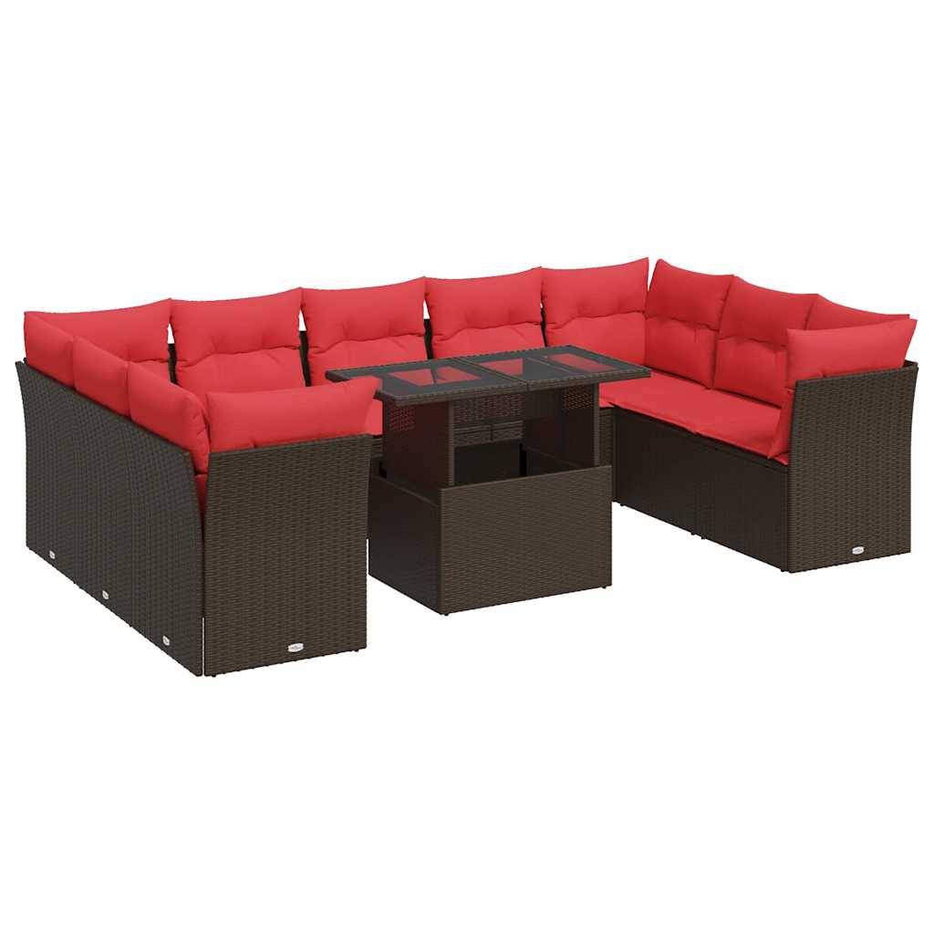 vidaXL 10-tlg. Garten-Sofagarnitur mit Kissen Braun Poly Rattan Akazie