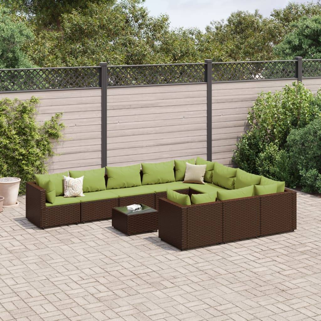vidaXL 11-tlg. Garten-Sofagarnitur mit Kissen Braun Poly Rattan