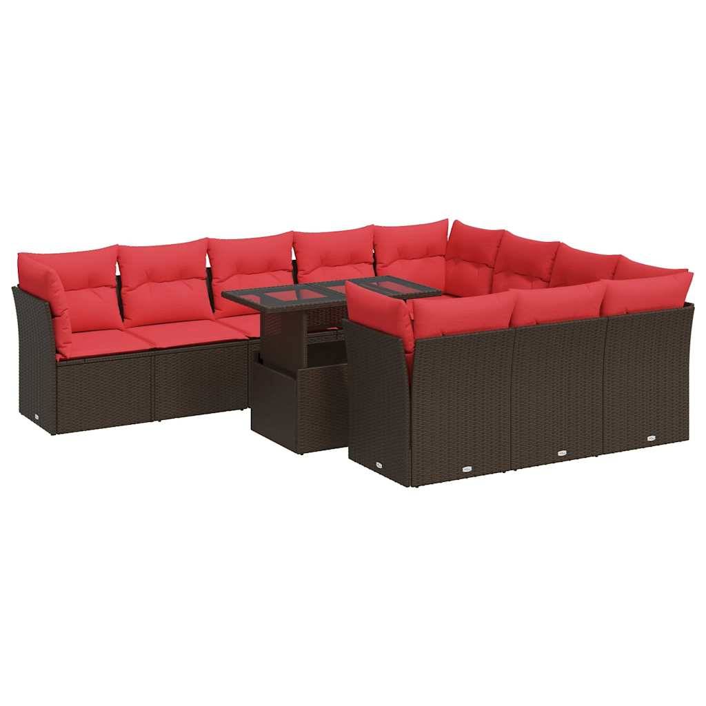 vidaXL 11-tlg. Garten-Sofagarnitur mit Kissen Braun Poly Rattan Akazie