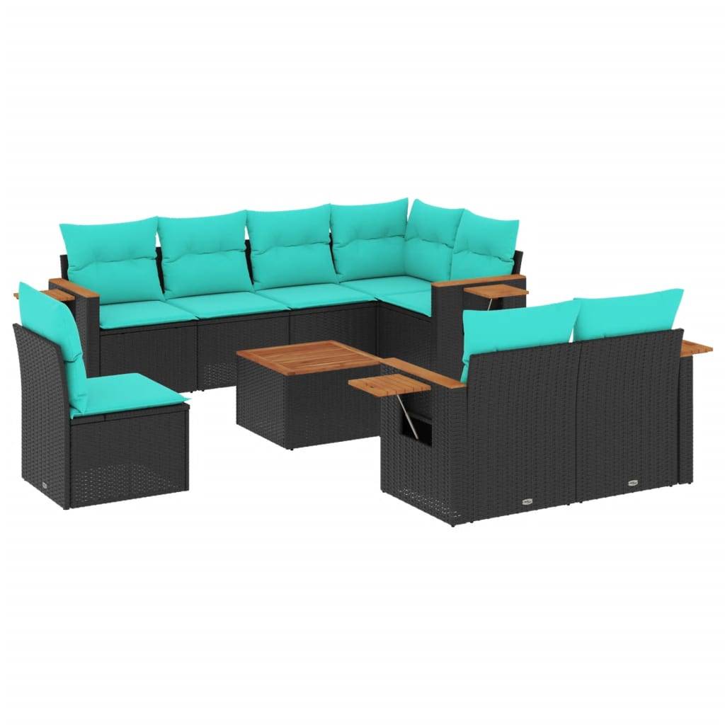 vidaXL 9-tlg. Garten-Sofagarnitur mit Kissen Schwarz Poly Rattan