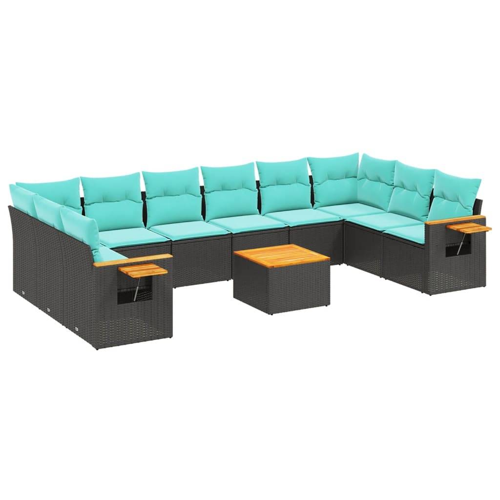 vidaXL 11-tlg. Garten-Sofagarnitur mit Kissen Schwarz Poly Rattan