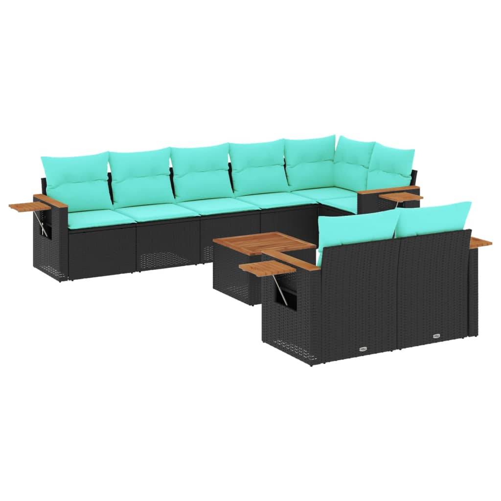 vidaXL 9-tlg. Garten-Sofagarnitur mit Kissen Schwarz Poly Rattan