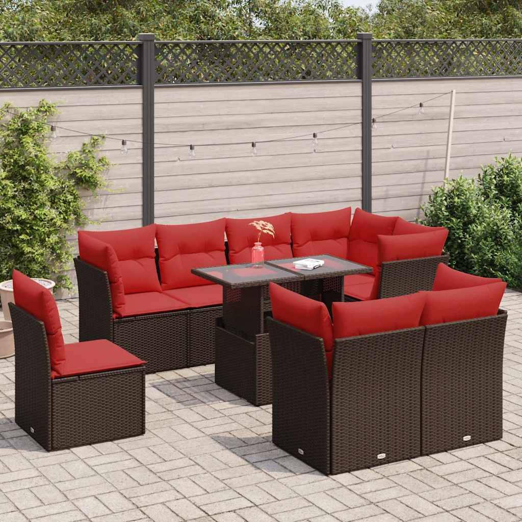 vidaXL 9-tlg. Garten-Sofagarnitur mit Kissen Braun Poly Rattan Akazie