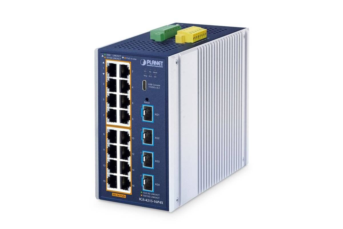 Industrie-Ethernet-Switch mit mehreren RJ45-Anschlüssen und vier Glasfaser-Uplink-Anschlüssen, gezeigt in einem kompakten Metallgehäuse.