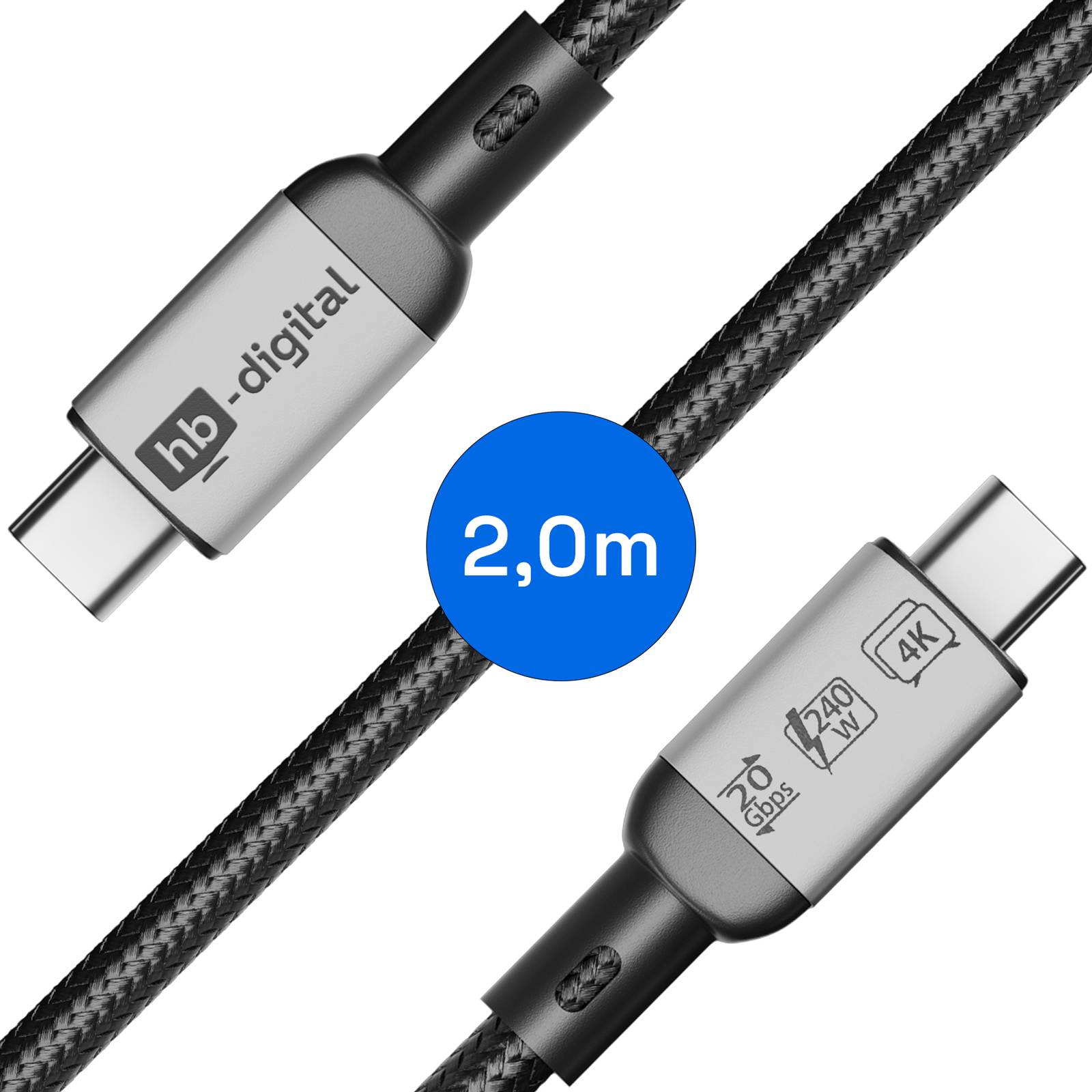 hb-digital USB Kabel USB-C Ladekabel USB-4 Datenkabel 20Gbps 240W 2m