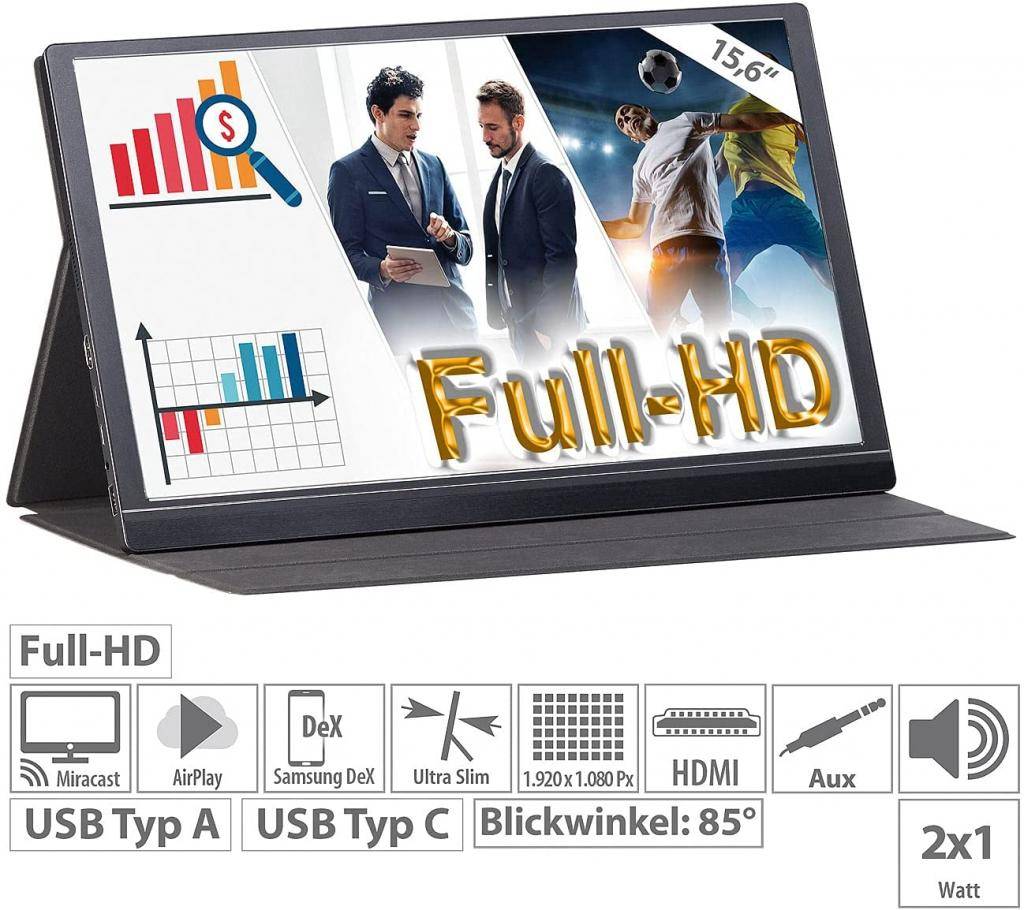 Ultradünner, mobiler Full-HD-IPS-Monitor auvisio EZM-210 mit WLAN-Stick