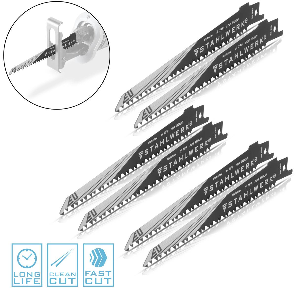 STAHLWERK Holz-Sägeblatt 6er Set 150 x 19 x 1,2 mm für Sägen 1/2 Zoll Aufnahme