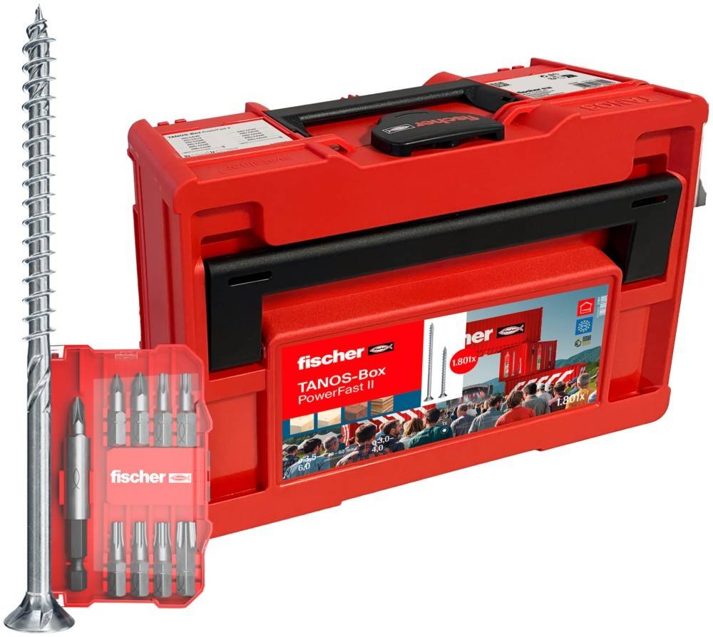 Fischer Box PowerFast II - rote Werkzeugbox mit sortierten Bohrern und Schraubendreher-Set, die ein kompaktes Design für effiziente Aufbewahrung und Nutzung präsentiert.